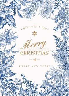 merry christmas and happy new year greeting card with blue flowers, pine cones and fir branches