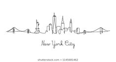 the new york city skyline drawn in black and white ink on a white paper background