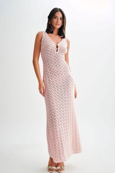 Perfect breeze Elevate your summer wardrobe with our CARTER Crochet Sleeveless Maxi Dress. Featuring a chic V neckline and a captivating front keyhole detail, this dress exudes effortless allure. Its low back adds a touch of sensuality, while the special knit fabric ensures a comfortable fit with a bodycon silhouette that flatters every curve. Unlined for a lightweight feel, this maxi-length dress is perfect for both daytime adventures and evening soirées. Flaunt your style with confidence in th Capsule Wardrobe Accessories, European Summer Outfits, Wardrobe Accessories, Maxi Dress Sale, Capsule Outfits, Beige Dresses, Summer Chic, Crepe Dress, Powder Pink