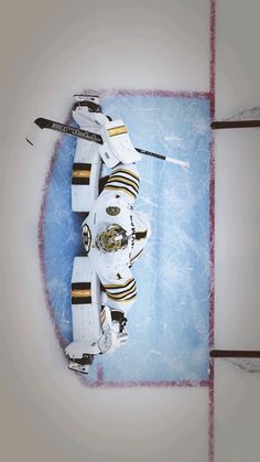 an ice hockey goalie is standing on the ice with his arms in the air