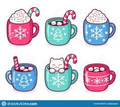 six mugs filled with hot chocolate and candy canes