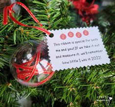 a christmas ornament hanging from a tree with a ribbon and tag on it