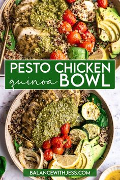 two bowls filled with pesto chicken and quinoa bowl on top of each other