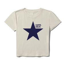 a white t - shirt with a blue star on the front that says kapa delta