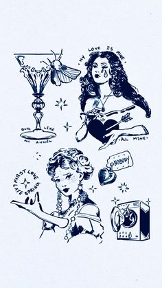 a drawing of two women with different things in the air and one woman holding a phone