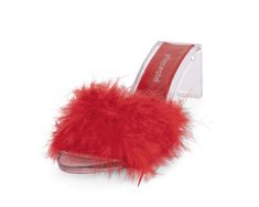 Acrylic sandal with genuine turkey feathers2.75" heel50% Turkey Feather50% Synthetic Upper, SyntheticLeather LiningSynthetic Sole Luxury Feather Trim Open Toe Sandals, Luxury Red High Heeled Mules, Red Synthetic Slippers, Orange Fur Heels, Red Luxury Sandals With 4-inch Heel, Turkey Feathers, Jeffrey Campbell, Free Giveaway, Kid Shoes