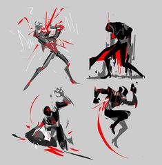 four different poses of a person with red paint splattered on them