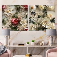 two floral paintings on a wall in a living room