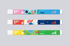 three colorful banners with different font and colors on the same banner, each one has an image of a child's name