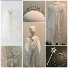 several pictures of white clothing and accessories including tiara, headbands, dress