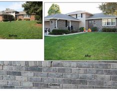 before and after photos of a brick wall in front of a house with grass on the lawn