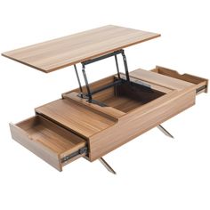 a wooden desk with two drawers on one side and an open drawer on the other