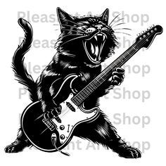 a black and white image of a cat playing an electric guitar with its mouth open