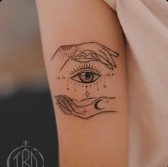 two hands holding each other with an all seeing eye tattoo on the left side of the arm