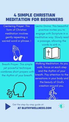 Looking to start your Christian meditation journey? This blog post is perfect for beginners! Learn how to meditate step by step with easy-to-follow spiritual tips designed to help you embrace mindful meditation. Whether you're looking for a morning meditation routine or guided meditation for mindfulness, this post is tailored for Christian women seeking wellness. It's simple to understand and will guide you every step of the way. Read the full post, click, and save this pin on www.bluthywellness.com! Meditation Routine, Centering Prayer, Spiritual Tips, Christian Meditation, Mindful Meditation, Walking Meditation, Short Prayers, Easy Meditation, Learn To Meditate