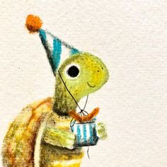 a drawing of a turtle with a party hat holding a tin can in his hands