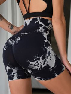 Black    Nylon Tie Dye Seamless  High Stretch  Women Activewear Workout Aesthetic Outfits, Scrunch Shorts, Workout Shorts Women, Gym Workouts Women, Gym Fits, Tie Dye Shorts, Fruit Print, Gym Clothes, Yoga Shorts