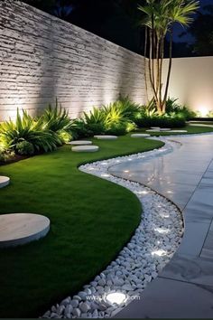 an outdoor area with grass, rocks and plants in the middle of it at night