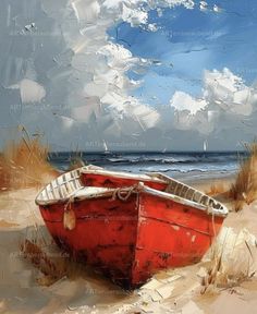 a painting of a red boat on the beach