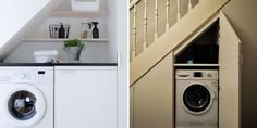 there is a washer and dryer under the stairs in this small kitchen area