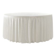 a white round table with pleated skirting on the top and bottom, in front of a white background