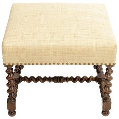 an upholstered stool with wooden legs and buttons on the seat is made out of burlwood