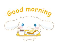 a cartoon dog is eating food with the words good morning on it's side