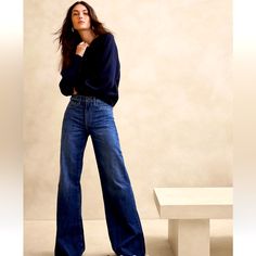 This Jean Is Tailored Like A Pair Of Trousers But With The Extra Length Of A Puddle-Hem Pant. Crafted From One Of Our Favorite Non-Stretch Denim Fabrics, Woven From Organic Cotton. Extra Wide Leg. High Rise. Puddle Hem. Organic: Made With Certified, Organically Grown Cotton That's Easier On The Earth. Zip Fly With Button Closure. Five-Pocket Styling. Wide Leg Jeans Women, Denim Fabrics, Stretch Denim Fabric, Banana Republic Jeans, How To Hem Pants, Long Jeans, Loose Jeans, Banana Republic Women, Denim Flares