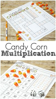 candy corn math game with the words candy corn on it and two dices next to it