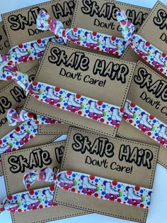 some brown paper tags with white and red polka dots on them that say state fair don't care