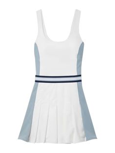 a women's tennis dress with blue and white stripes on the waist, front view