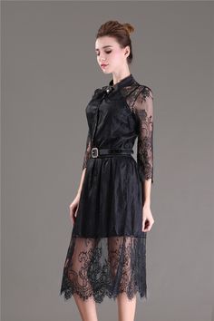 Hollow Out Half Sleeve Elastic Waist Floral Crochet Black Lace Dress - Uniqistic.com Spring Gothic Midi Dress For Party, Spring Gothic Midi Party Dress, Summer Evening Lace Dress With Lace Collar, Gothic Knee-length Midi Dress For Party, Black Spring Dress With Lace Collar, Party Dress With 3/4 Sleeve And Lace Trim, Black Dress With Lace Collar For Spring, Summer Gothic Lace Dresses, Spring Gothic Lace Dress