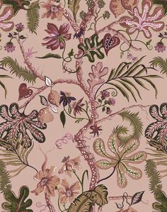 an intricately designed wallpaper with many flowers and leaves on pink background, in the style of art nouveauism