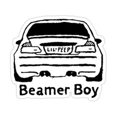 a black and white sticker with the words beamer boy written in front of a car