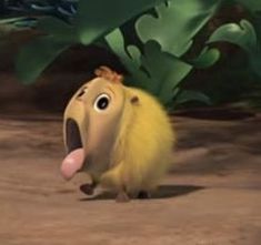 an animated animal with its tongue out and eyes wide open, standing in the dirt