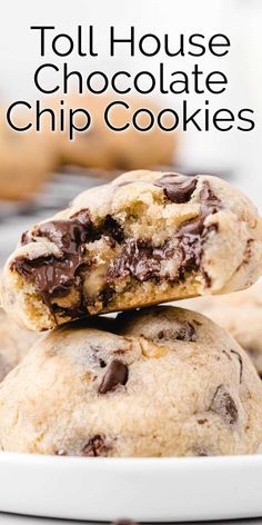 two chocolate chip cookies stacked on top of each other with the words toll house chocolate chip cookies