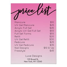 a price list for manicures on pink and white paper with black lettering that reads,