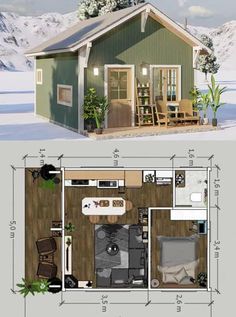 the floor plan for a small cabin with an attached kitchen and living room in it