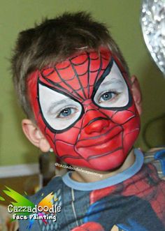 Spiderman Face Painting Design by Caz Robertson - Cazzadoodle Face Painting  Get your Face Painting Supplies at www.jestpaint.com Spider Man Face Paint, Spiderman Makeup, Halloween Makeup For Kids, Face Painting Tutorials