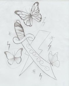 a pencil drawing of two butterflies flying over a pair of scissors with the letter e on it