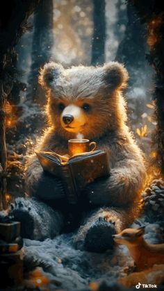 a teddy bear reading a book while sitting in the woods with fire and snow around it