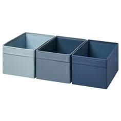 three blue and grey storage bins sitting side by side