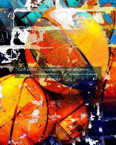 an abstract painting with oranges and blue colors