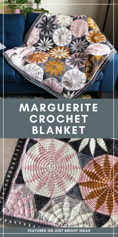 a blue couch with a crochet blanket on it and the words margierite crochet blanket