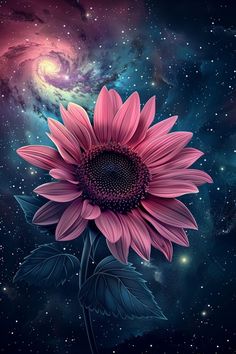 a large pink sunflower sitting on top of a lush green field next to a galaxy filled sky