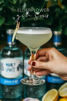 a hand holding a martini glass filled with white liquid and garnished with lemons