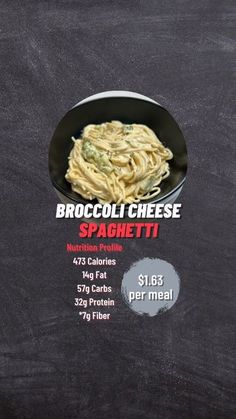 the menu for broccoli cheese spaghetti is displayed on a blackboard with chalk writing