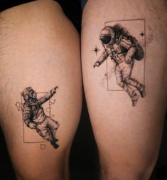 two people with tattoos on their legs, one has an astronaut and the other is a man