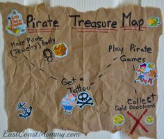 a pirate map made out of brown paper with stickers on it and other items