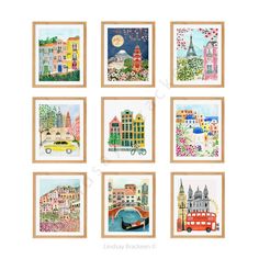 six framed pictures of different buildings and cars in various colors, each with a watercolor painting